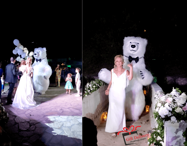The White Polar Bear came to the wedding to deliver the gift to the bride and groom. Gift Delivery. Wedding gift. Surprise from the Political bear. White Polar Bear at the wedding.